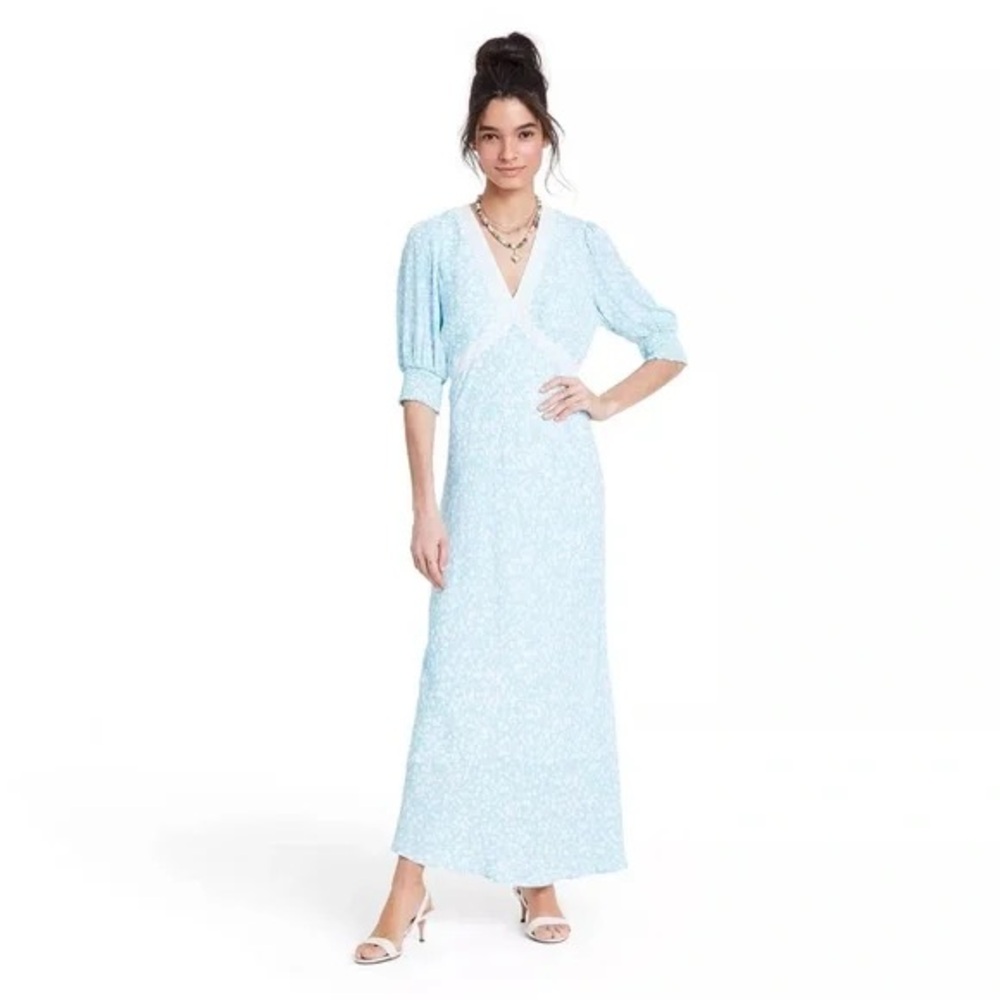 Rixo floral puff-sleeve lace inset swing dress